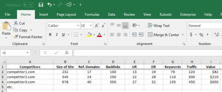 Excel example SEMrush